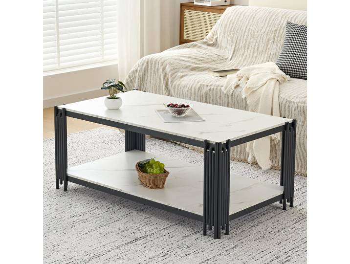 okwish Couchtisch Marmoroptik Glatte Oberfläche Metallbeine Zwei Ablagen Stauraum Wohnzimmer MDF Weiß+Schwarz