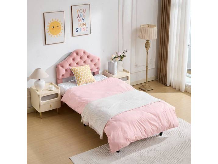 URTR Lit rembourré 90x200cm - Lit simple avec tête de lit réglable - Rangement sous le lit - Sommier à lattes - Velours - Rose