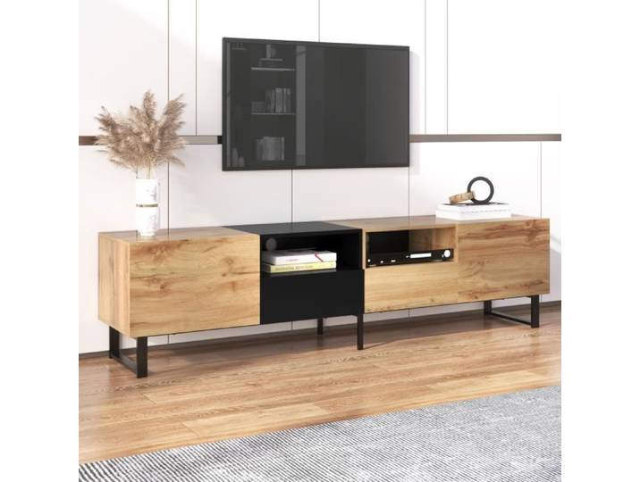 Meuble TV Style Industriel Design Noir et Bois 2 Portes 2 Tiroirs Banc TV Buffet Salon Elegant 190x38x48cm