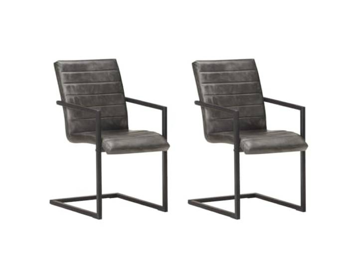LMTYOENFG Freischwinger 2er Set Grau Echtleder Esszimmerstuhl mit Armlehne Bequeme Polsterstühle mit robustem Eisengestell im Used Look für Küche, Esszimmer, Besprechungsraum und Büro.