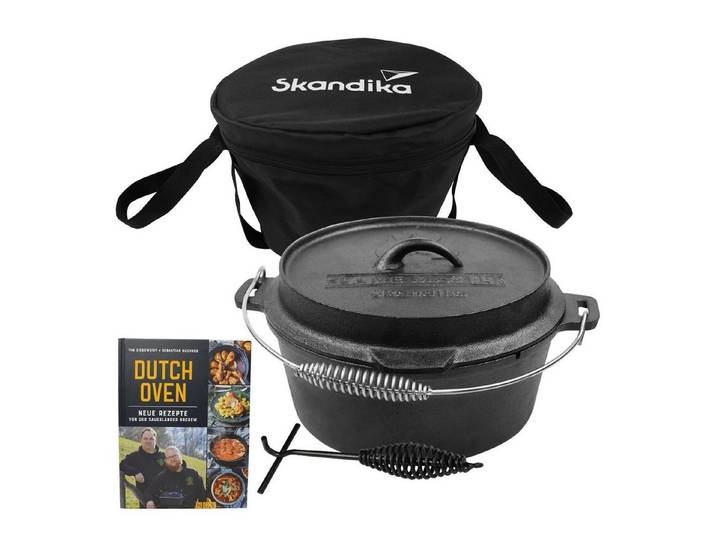 Skandika Grilltopf Dutch Oven Flame Master 13,8 L ohne Füße, Feuertopf, Gulaschtopf, (Tragetasche, Deckelheber, auch Pfanne, bereits eingebrannt), Gusseisen Topf zum Kochen, inkl. Rezeptbuch der Sauerländer BBCrew