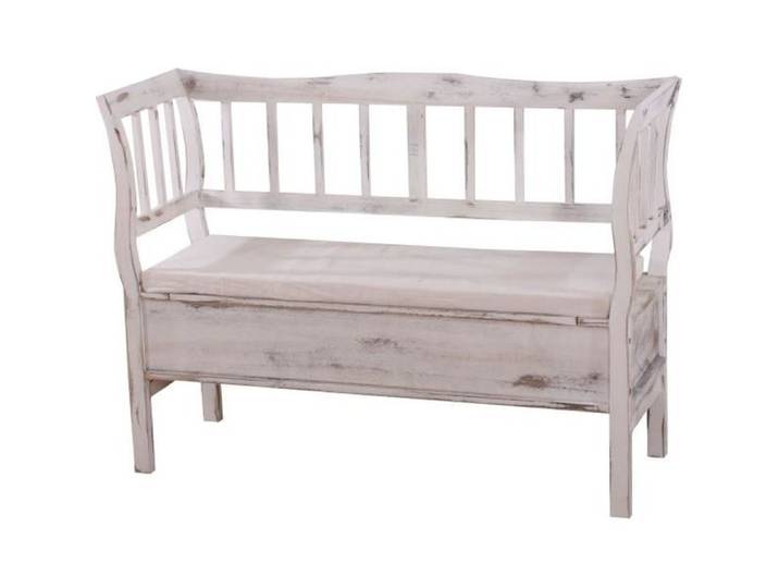 Banc banquette de rangement T207 bahut coffre avec coussin ~ bois blanc shabby chic