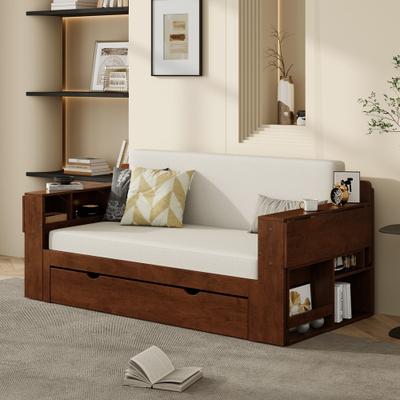 Wooden Daybed with Removable Desk Storage Drawers and Hydraulic Side Table