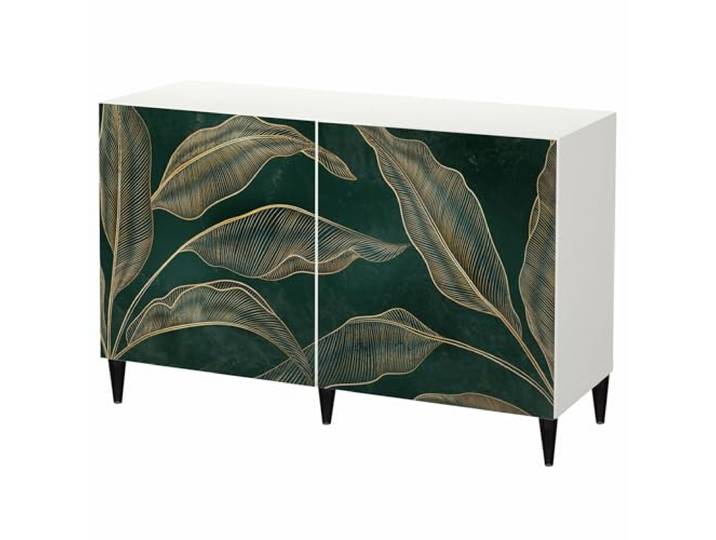 LUMASOUL Kommode mit Türen mit Motiv - 120x75 cm Design Sideboard für Wohnzimmer & Schlafzimmer - Dekorative Kommode Flur aus MDF - Weiß/Schwarz/Braun Korpus - Blätter Glam