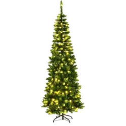 COSTWAY 225 cm Bleistift-Weihnachtsbaum mit warmweißen LED-Lichtern, künstlicher Weihnachtsbaum mit Klappsystem und Metallständer