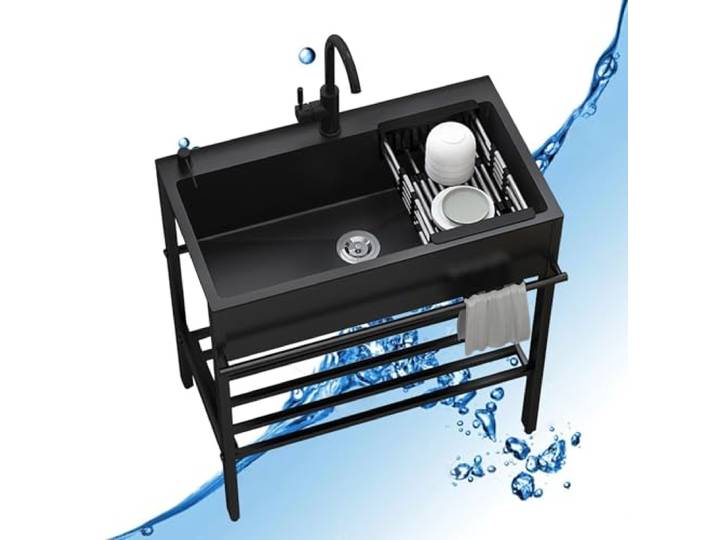 Freistehende Edelstahl Spültisch,Mobiles Outdoor Küche Spüle Gastro 1 Becken,Werkstatt Waschbecken,Spülbecken Spülenschrank mit Spüle und Armatur,für Außen,Innen,Gewerbliche,Garten,Camping(55*45*86cm)