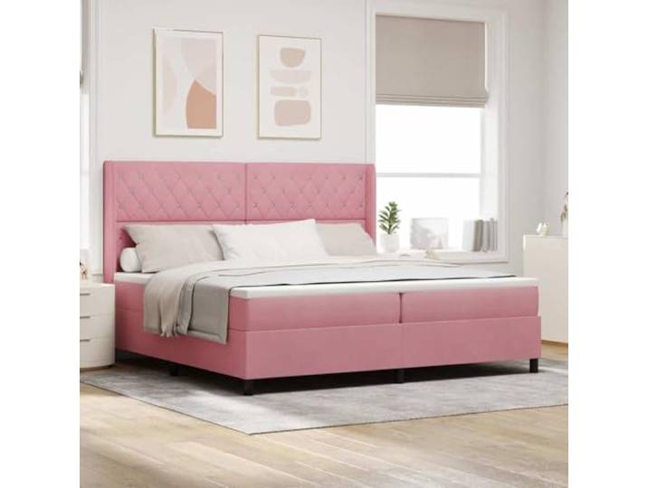 Samt LED Beleuchtung mehrfarbig Boxspringbett mit Holzrahmen 200 x 200 cm Boxspringbett mit Matratze mit LED Rosa 200x200 cm Samt Kaiserbett mit Kopfteil verstellbar und RGB Licht