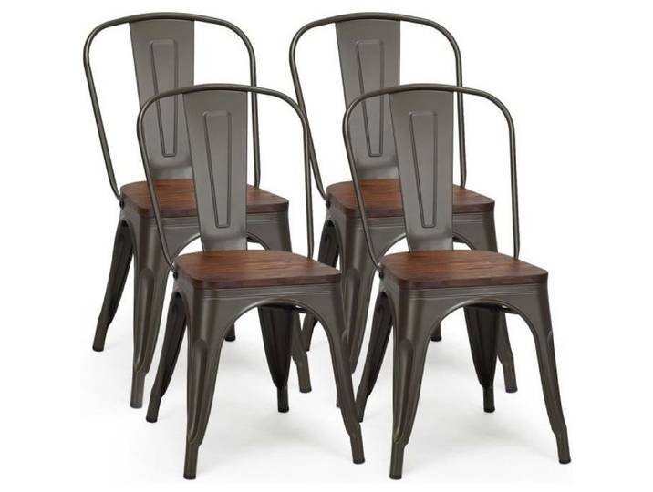 COSTWAY 4 Chaises Salle à Manger Empilables - Style Industriel Assise en Bois d'Orme Cadre en Acier pour Bistrot Bar Café Balcon
