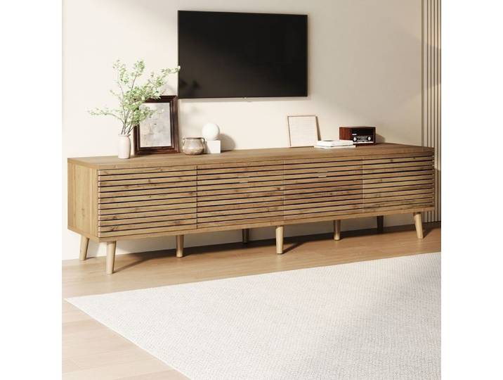 Meuble TV 4 portes grand rangement meuble TV pour télévision jusqu'à 75 pouces MDF 180x40x46cm bois naturel