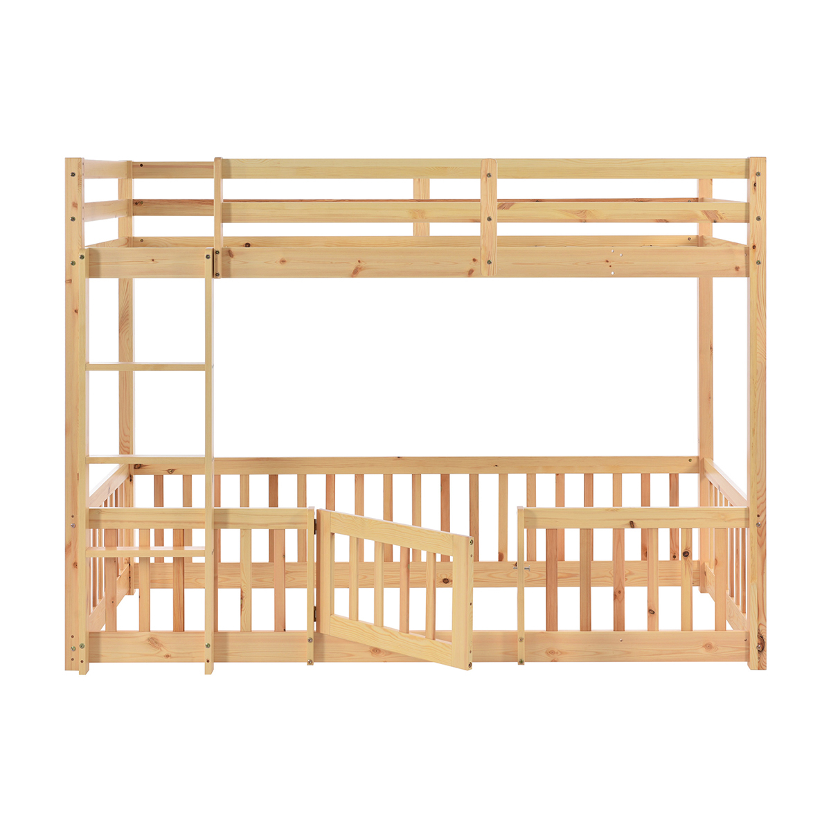 Kinderbett mit rechtwinkliger Treppe Zäune und Türchen Etagenbett Hausbett Jugendbett für Mädchen und Jungen 200x90cm Natur