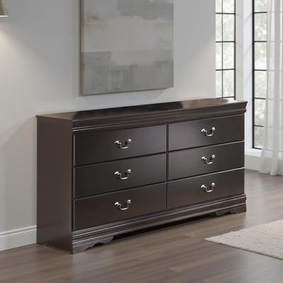 Benjara Yara Wide Dresser, Classic Black Finish, 6 Drawers, Pewter Handles