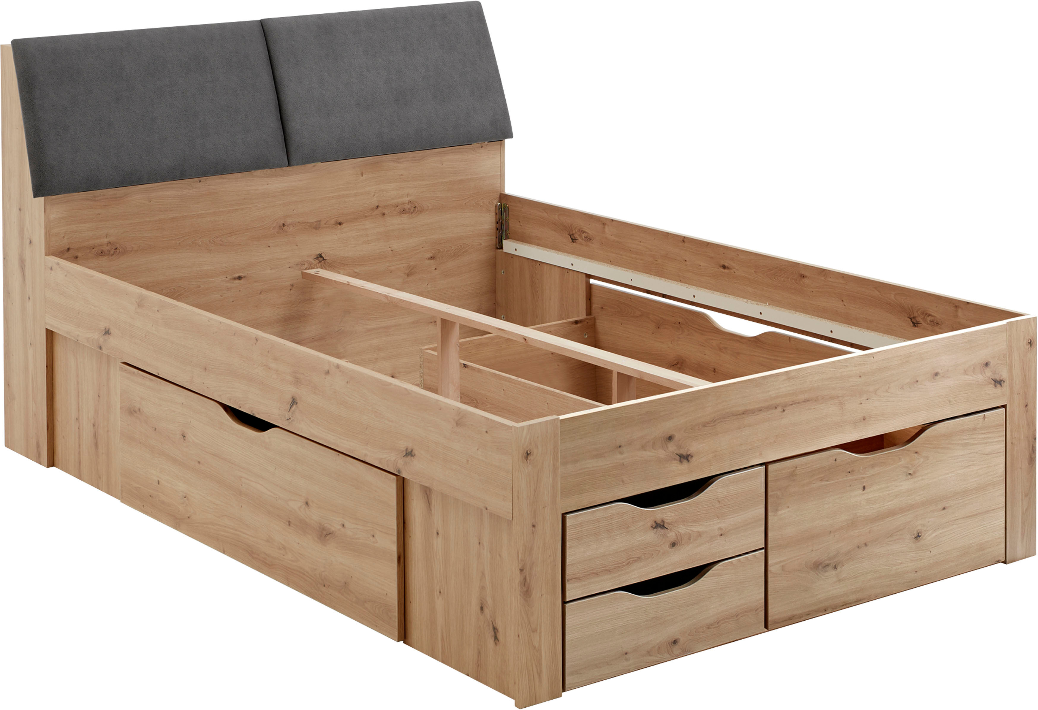 Stauraumbett RELITA "Maxi", braun (eiche artisan), B:145cm H:103,8cm L:237,5cm, Bezug Kopfteil: 100% Polyester, Betten, Stauraumbett, mit Schubladen und Stauraum im Kopfteil eiche artisan Liegefläche Länge B: 200cm x 140cm, ohne Lattenrost, Höhe Bett: 103