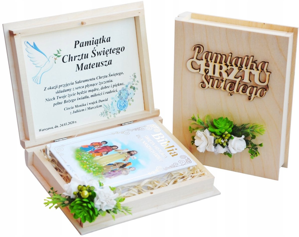 Gepersonaliseerde Doop Geschenk: Houten Doos met Bijbel en Handdoek