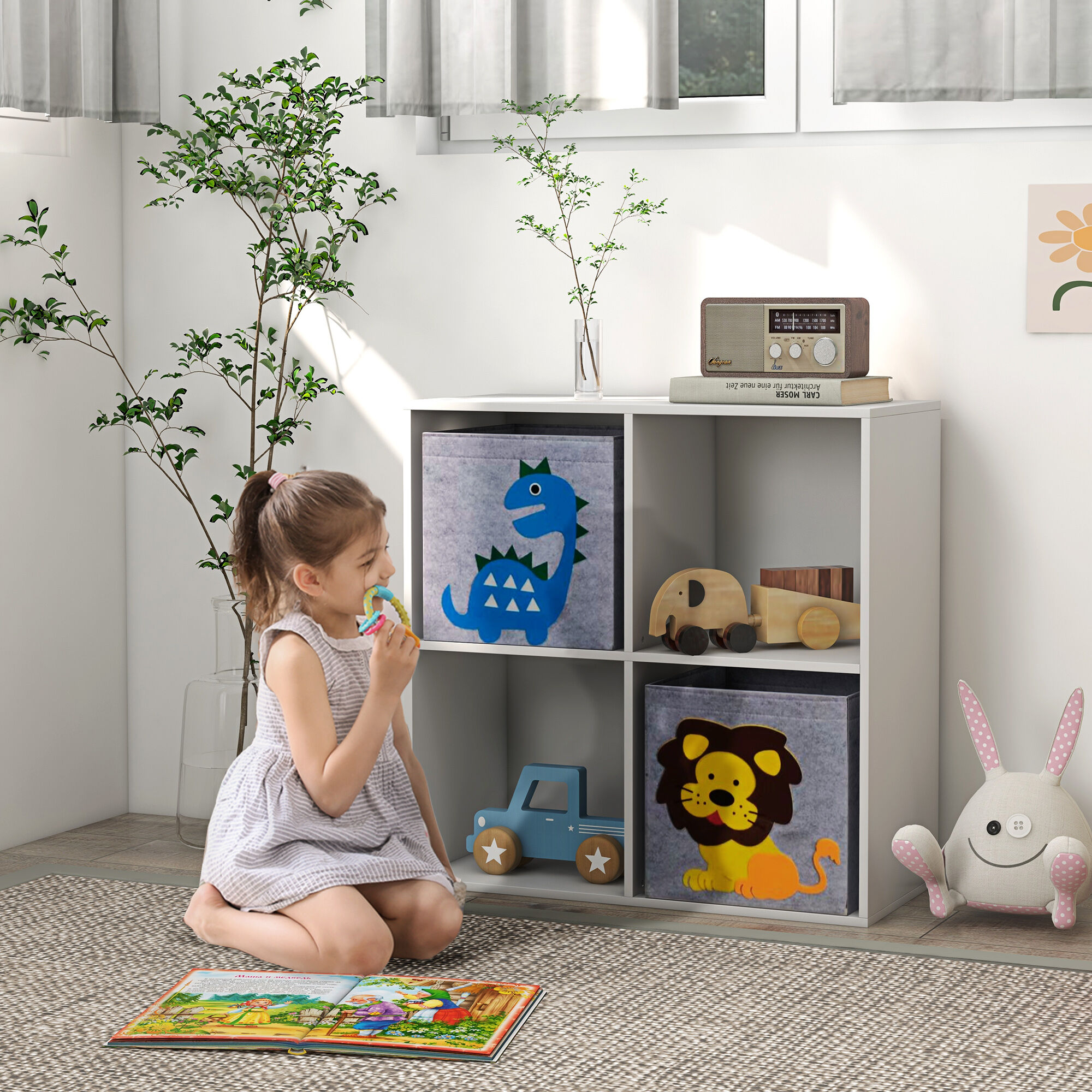Altro Scaffale Portagiochi Per Bambini Con 4 Scomparti E Contenitori, 61.8x29.9x61.8cm, Bianco