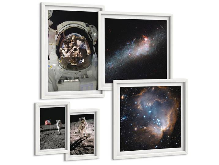 BILDER SET 5er Set - 50x50 cm & 20x30 cm & 40x60 cm Weißer Rahmen - Astronauten landen auf dem Mond