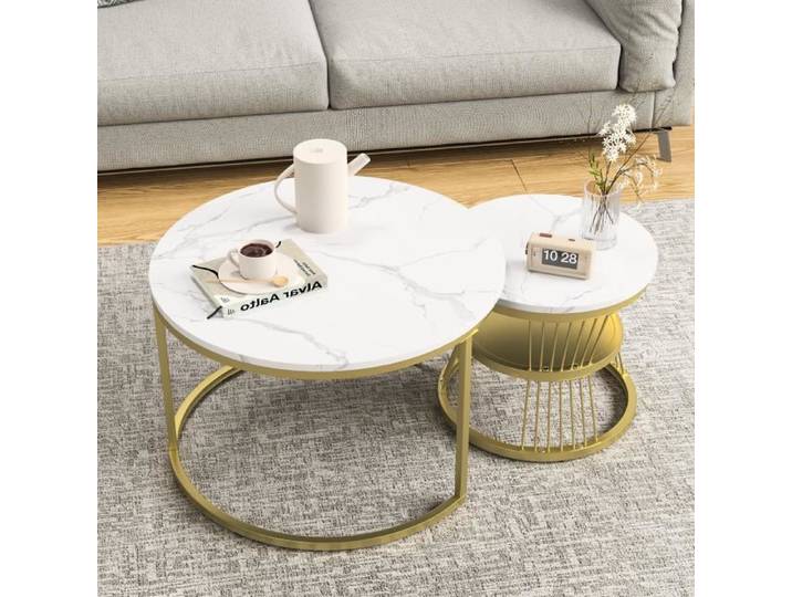 Tables basses gigogne rondes - motif marbre cadre doré 70-45 - Blanc