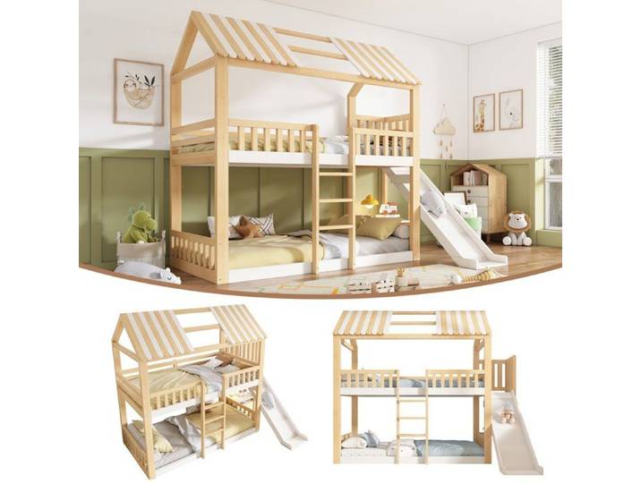 Lit cabane superposé 90x200 cm design maison avec toit en pente rampe de sécurité et accès par échelle étroite de 35 cm