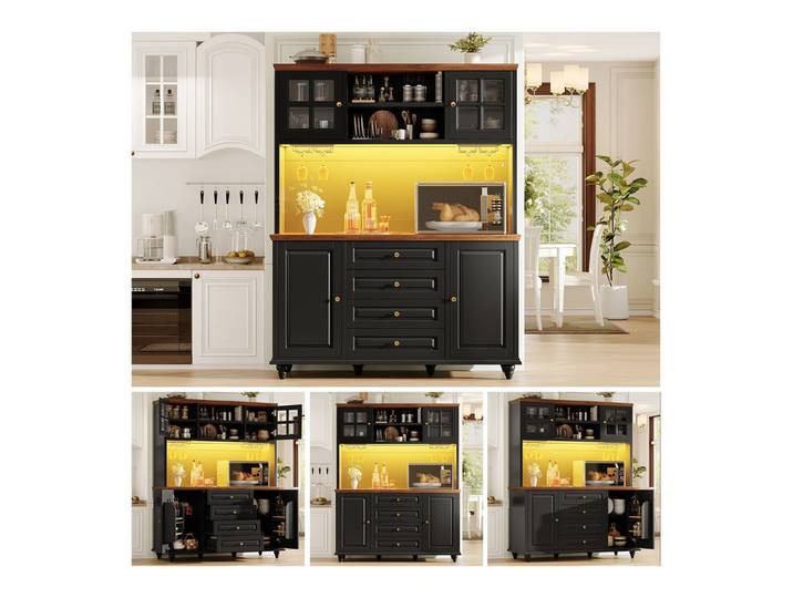 Fine Life Pro Sideboard Highboard schwarz,RGB-LED,verstellbare Böden,Weinglashalter,Holzfüße