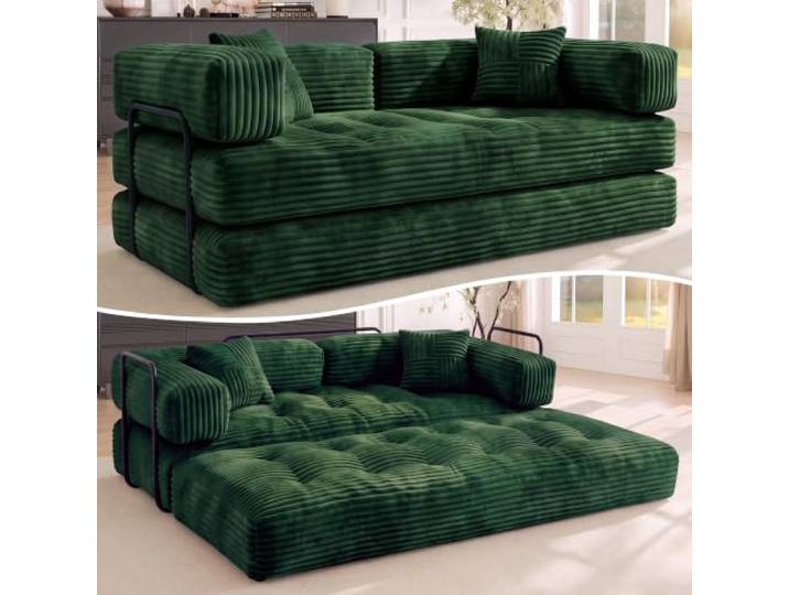 Dyonery Schlafsofa 200cm Breit,5-in-1 Modulares Boneless Couch Grün 3-Sitzer Bodensofa mit Schlaffunktion,Umwandelbares Cordstoff Schlafcouch,Modulares Couch für Wohnzimmer, Büro,Gästezimmer