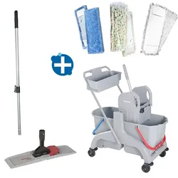 Reinigungswagen Bayersan Profi Set 3 mit Korb Doppelfahrwagen 2x18 L, Mopphalter, Telestiel, Möppe, Korb