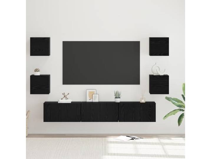 HEFZGDB Wandmontierter Aufbewahrungsschrank TV-Schrank-Set 7-teilig Schwarz Eiche Rustikaler Stil Strukturierte Oberfläche Stauraum Organizer Wohnzimmer Esszimmer