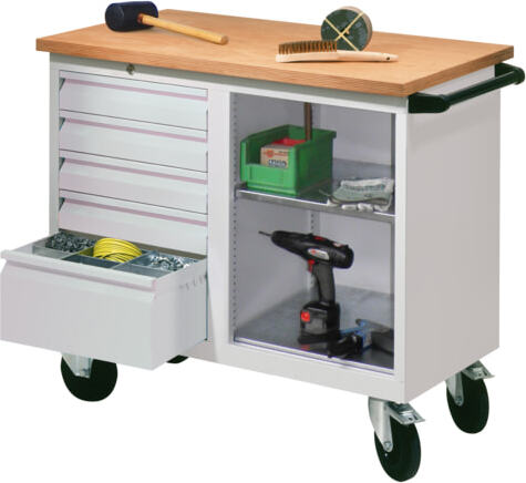 Mobile Werkbank - Werkstattwagen - 915 x 1.090 x 600 mm - 5 Schubladen und Ablagefach - feuerrot/lichtblau