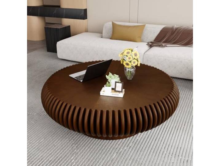 FeiZhiYanS Runder Couchtisch mit geriffelter Trommelform Einzigartiges Design, Moderner minimalistischer Beistelltisch, Furniertes Holz, Für das Wohnzimmer