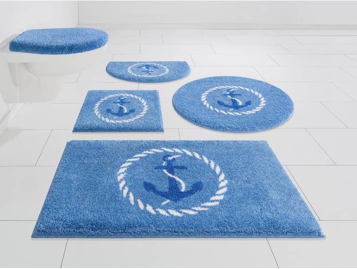 Badematte GRUND Port Louis Gr. 12, blau, H:20mm, Kunstfaser, Badematten, Badematte, Design mit Anker, maritim, Made in Europe