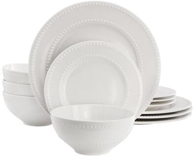 Elama 12 Piece Stoneware Dinnerware Set in White, Service for 4