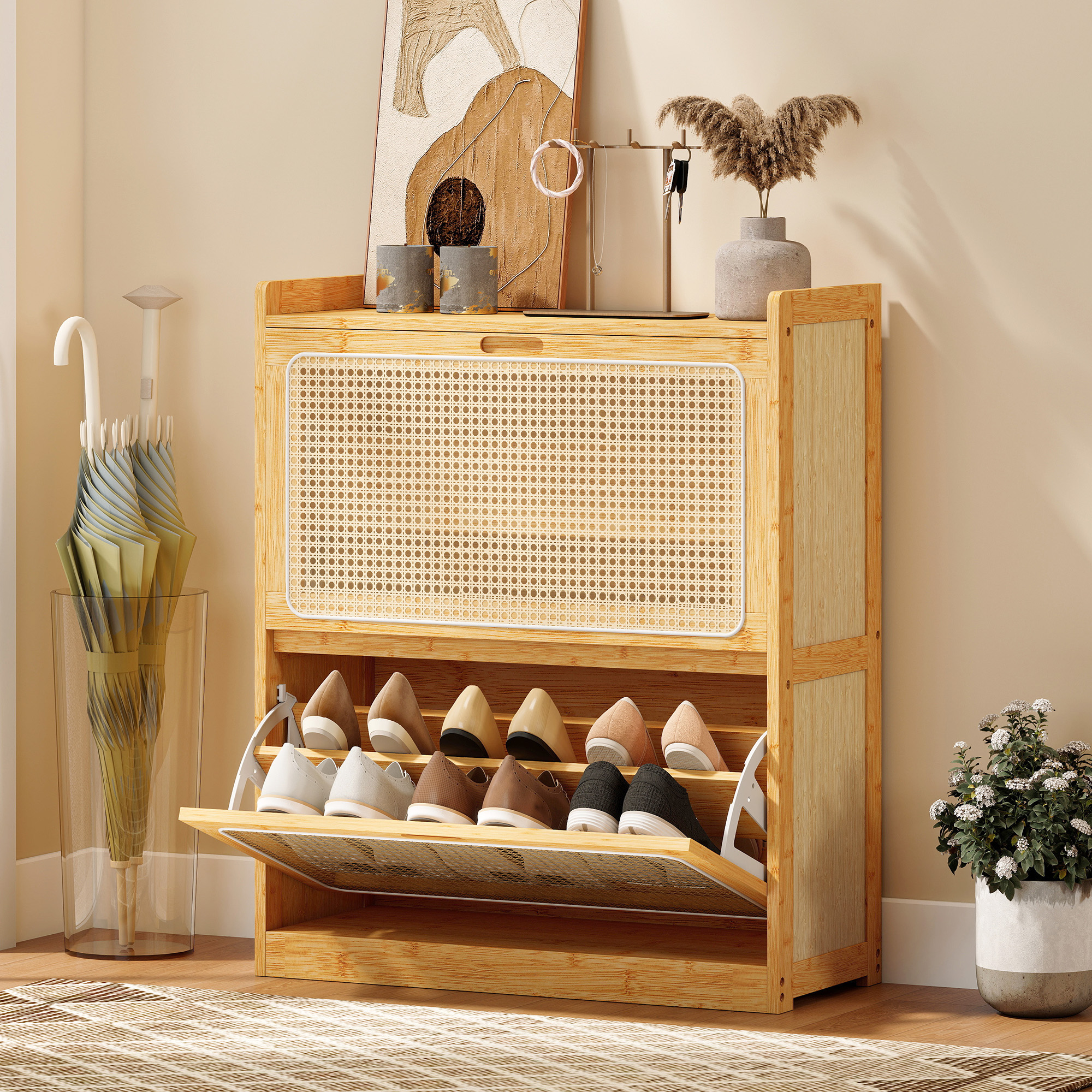 Homcom Scarpiera Stretta in Bambù per 12-14 Paia di Scarpe con 2 Ante a Ribalta in Rattan, 69x29x83 cm, Finitura Legno Naturale   Aosom Italy