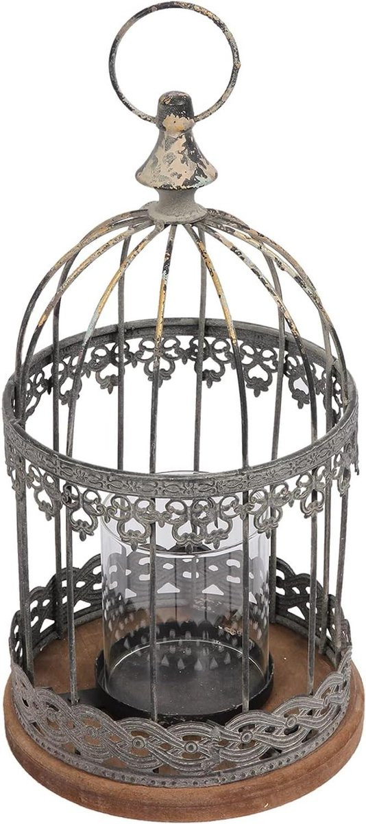 Decoratieve Kaarslantaarn Vogelkooi in Vintage Verweerd Design - Zwart - Hoogte: 37 cm