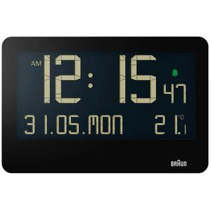 Braun Wanduhr BC14, Kunststoff, digital, Quarzuhr, 26 x 17 cm, schwarz, mit Thermometer & Datumsanzeige, lautlos