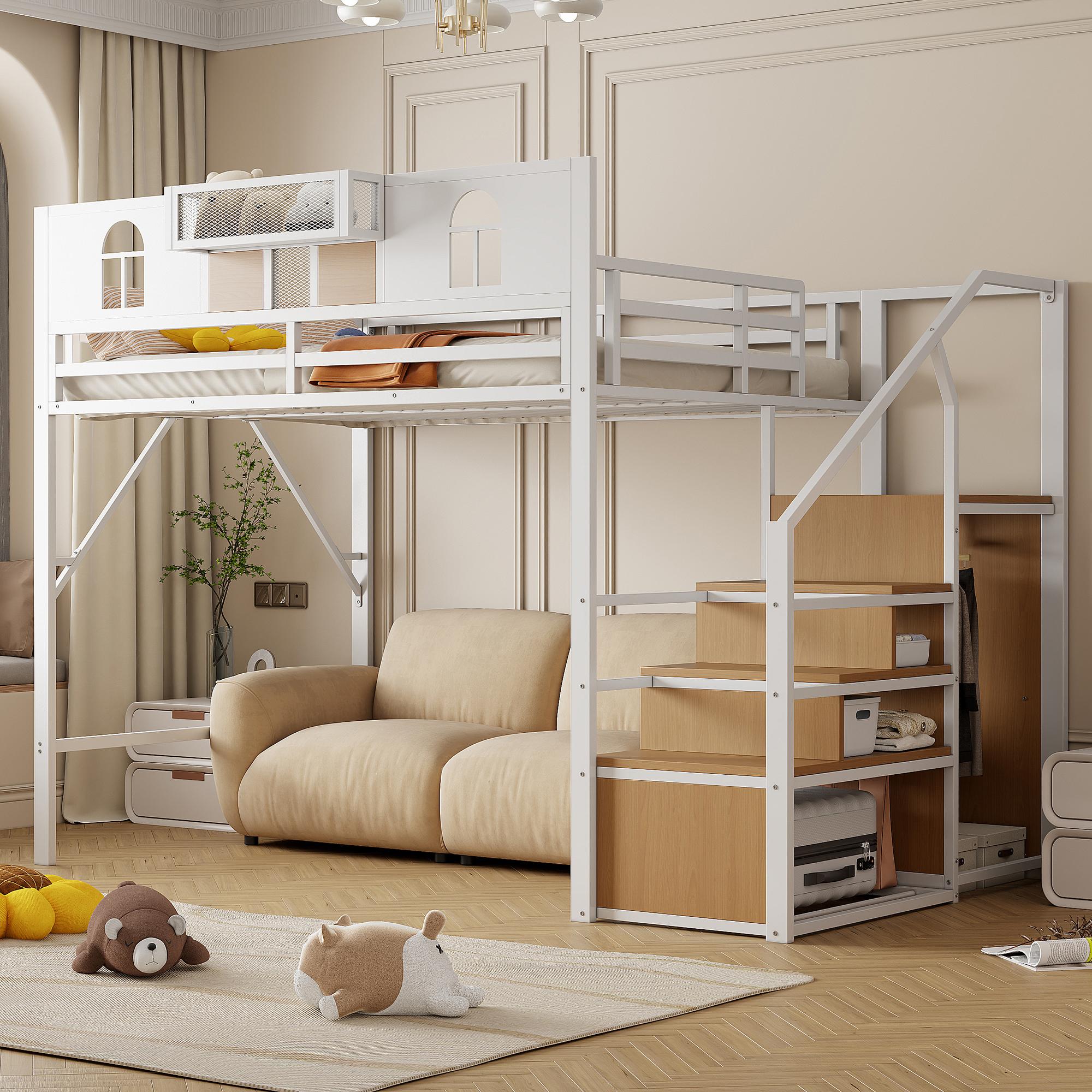 Sweiko Metall-Hochbett 140 x 200 cm, Mit Stauraumleiter, Fenster, Holzplatten und Netzgewebe, Einzigartige Erhöhte Umzäunung, Ablagefläche Am Bett, Stabiler Metallrahmen, Weiß