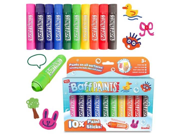 Simba Baff Paints Bademalstifte – 10 Farben zum Malen in der Badewanne, herausdrehbare Minen, abwaschbar, wasserlöslich, fördert Kreativität und Motorik, je 10g, ab 3 Jahre