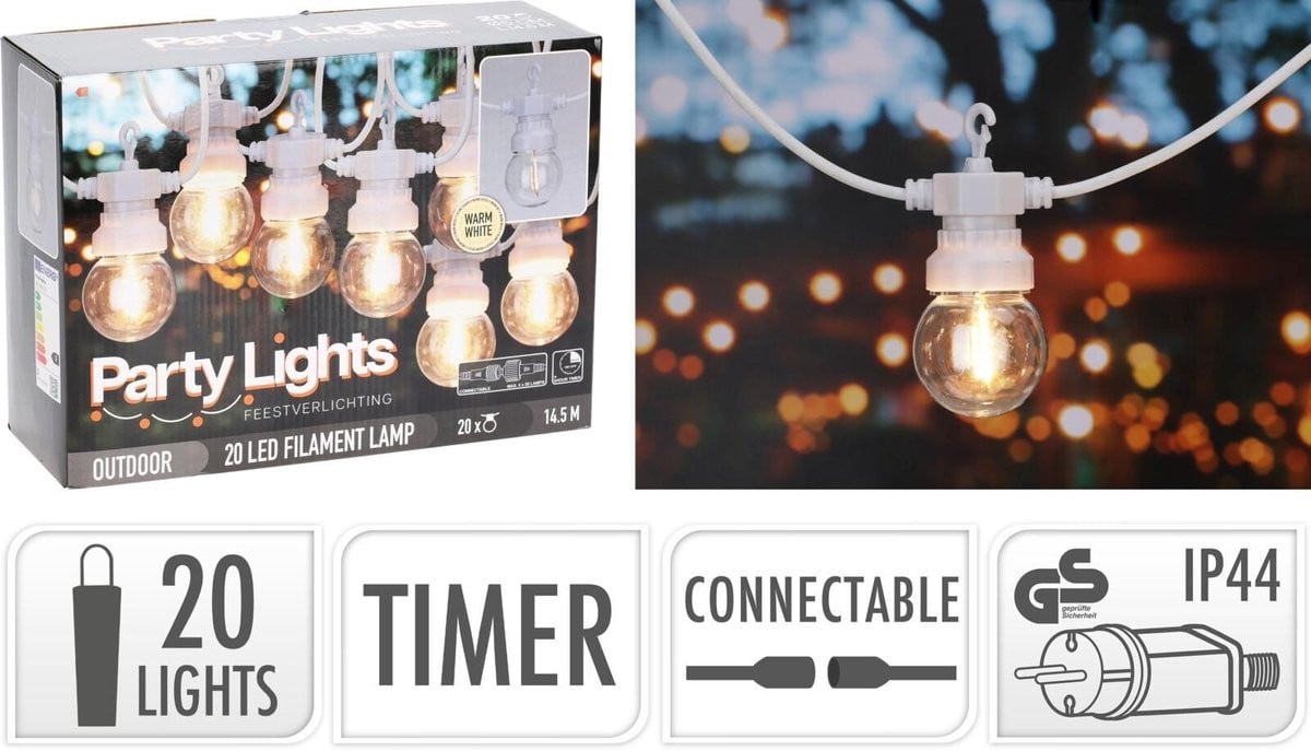 Tuin Party Feestverlichting met 20 warm witte lampen, koppelbaar, Wit