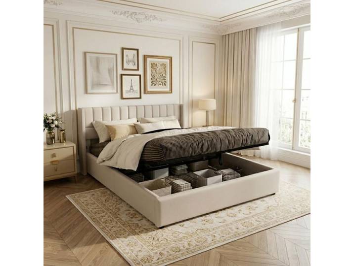 Lit 160x200 lit coffre lit double lit adulte style moderne tête de lit design tissu en lin beige