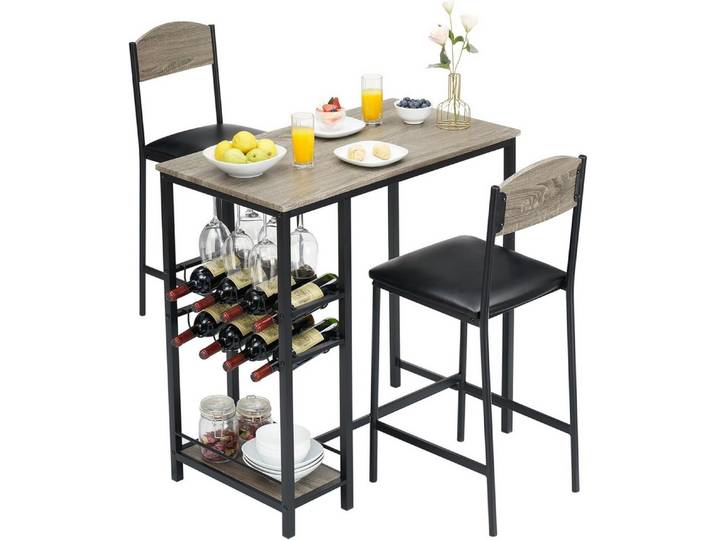 GarveeMore Esstisch 2-teiliges rustikales braunes Stehtisch-Set mit Fußstütze