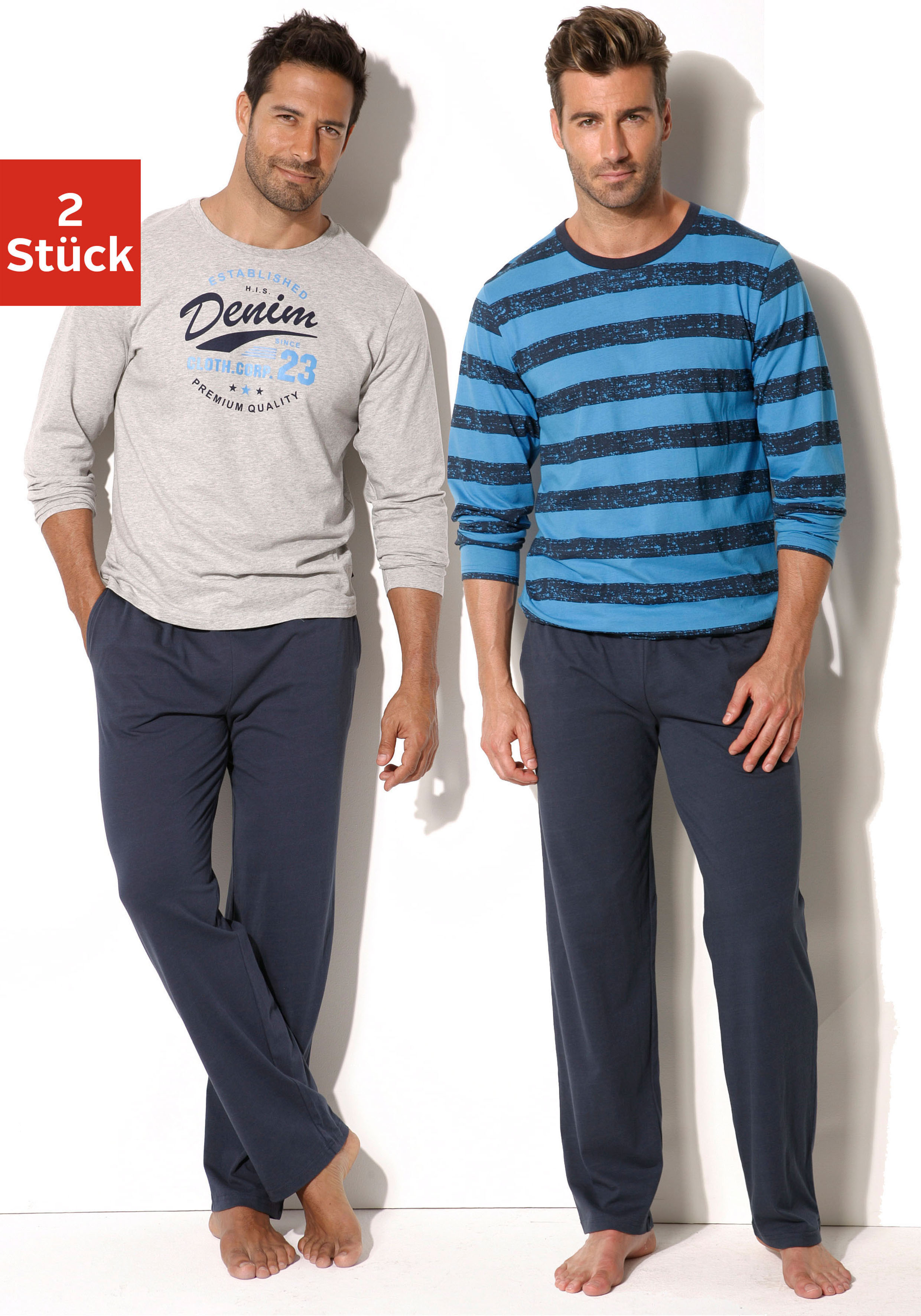 Pyjama H.I.S, Herren, Gr. 60/62 (XXL), blau (marine, grau, meliert, marine, aquablau), Jersey, Obermaterial: 100% Baumwolle, bedruckt, gestreift, Basic, bequem lang, Rundhals, abgesteppte Kante, Homewear-Sets Pyjama, Schlafanzug mit unterschiedlichem Desi