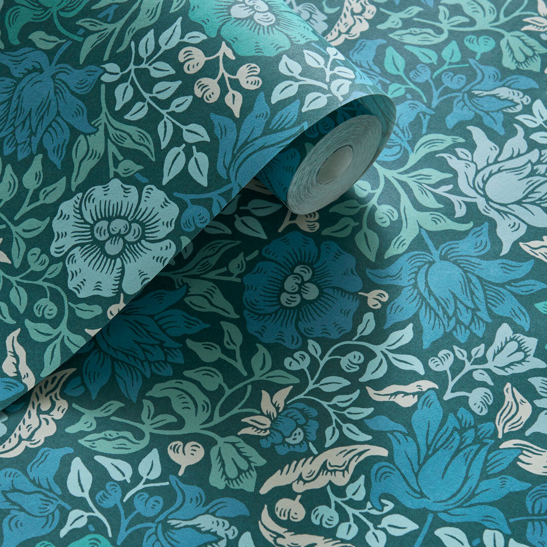 William Morris Designs by Clarke & Clarke Mallow William Morris 10.05m x 52cm Matte Wallpaper Roll Teal/Black 1,005cm L