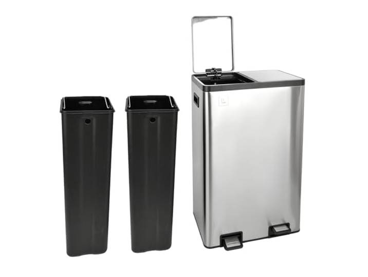 SVITA TMH2X30 Mülleimer 60L Mülltrennsystem 2 Fächer 2x15L Softclose-Deckel Pedal versteckbar Kunststoff Inneneimer Edelstahl Silber