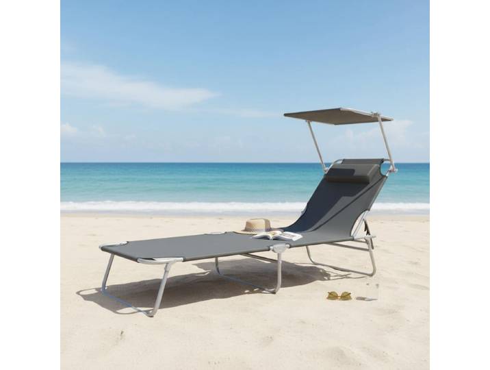 Chaise longue pliable avec auvent en acier gris