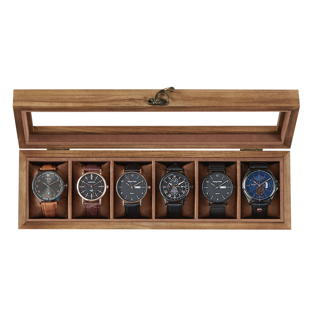SONGMICS Uhrenbox 6 Fächer aus Massivholz mit Glasdeckel walnussfarben JOW006K01