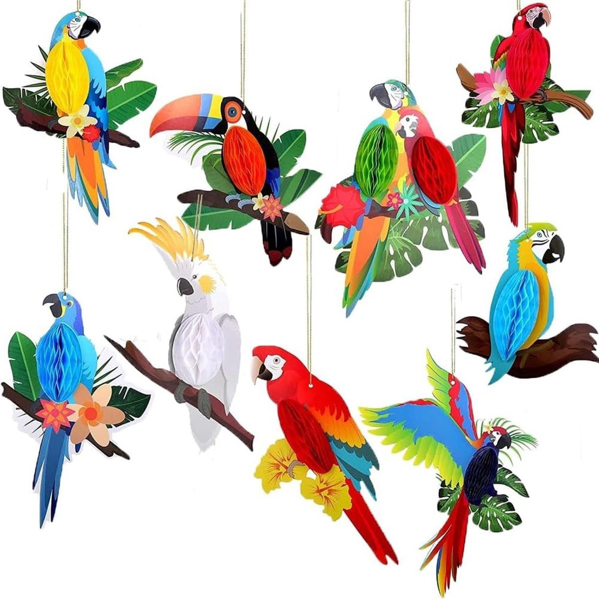 Set van 9 Tropische Vogelvormige 3D Honingraat Houtsnijwerken - Hangdecoratie voor Strand, Safari en Jungle Thema