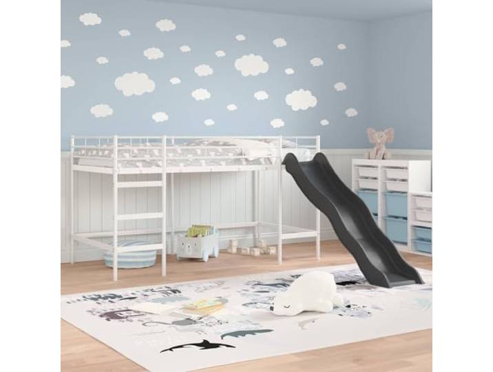 KTHLBRH Loft Bett mit Rutsche Weiß und Anthrazit Robuster Stahl, platzsparendes Design, einfache Montage, für Kinderzimmer