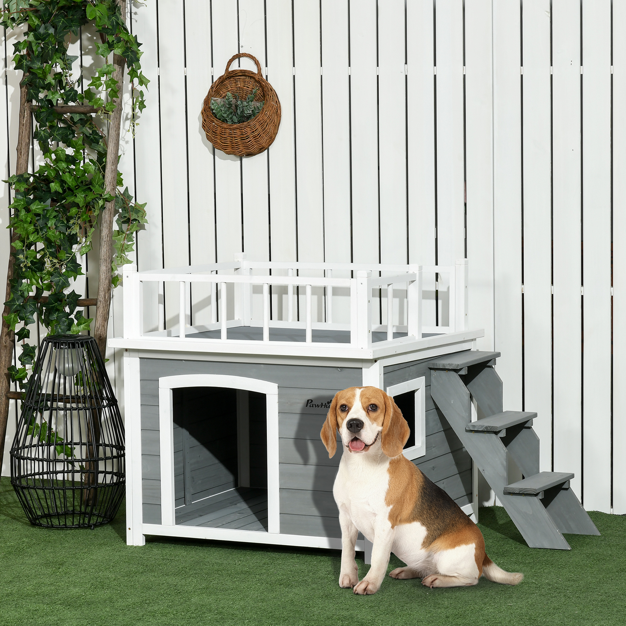 Pawhut Casetta per Cani con Terrazza Scaletta e Finestra 121x77x78cm Grigio chiaro