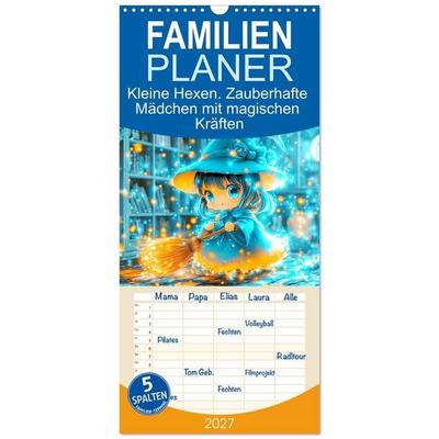 Familienplaner 2027 - Kleine Hexen. Zauberhafte Mädchen mit magischen Kräften mit 5 Spalten (Wandkalender, 21 x 45 cm) CALVENDO