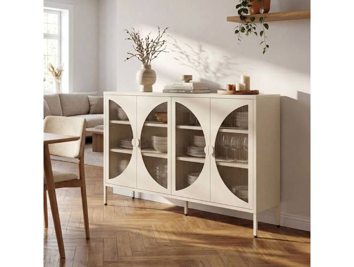 Buffet industriel en métal 4 portes beige et verre cannelé 140cm ELIO
