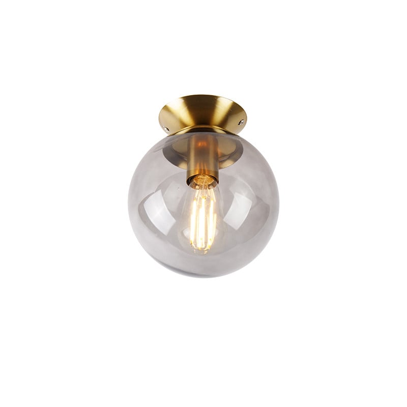 Qazqa Pallon Art Deco Plafondlamp Messing met Grijs Glas