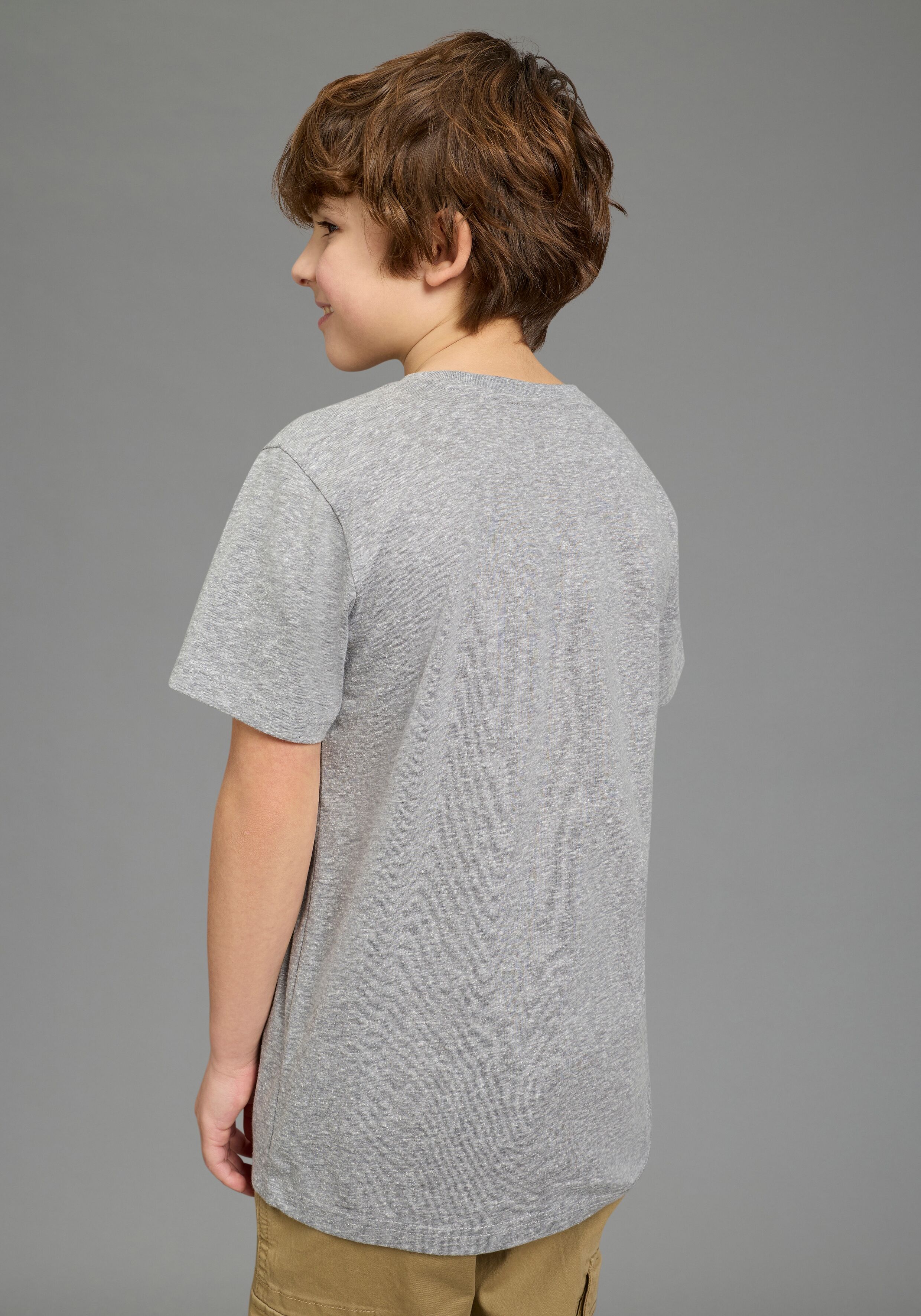 T-Shirt KIDSWORLD "Gamer-Druck: NICE TRY", Jungen, Gr. 152/158, grau (graumeliert), Single Jersey, Obermaterial: 50% Baumwolle, 38% Polyester, 12% Viskose, bedruckt, Basic, Rundhals, Shirts T-Shirt, cooler Gamer-Print graumeliert 152/158