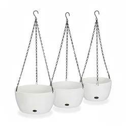 Relaxdays Blumenampel mit Wasserspeicher, Set, 3 Größen, Selbstbewässerung, außen & innen, hängender Blumentopf, weiß